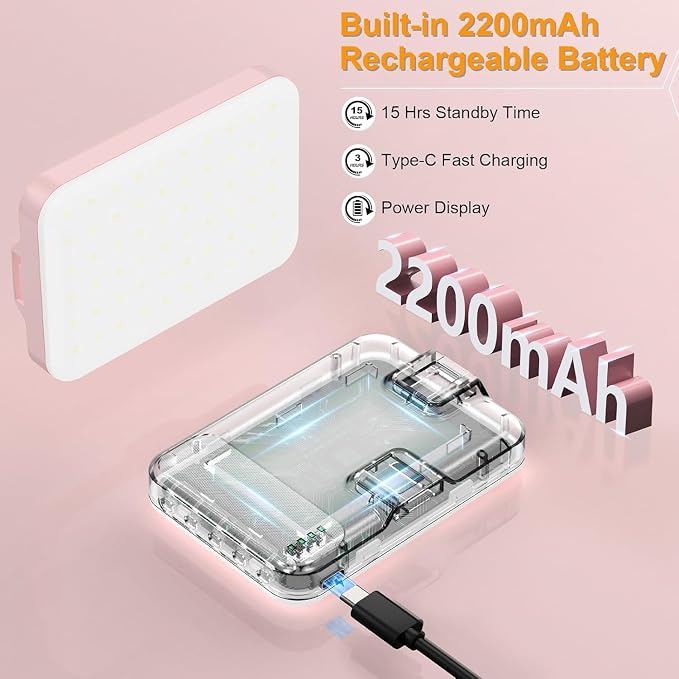 Hagibis LED Camera Light Video Lights Portable Photography Lighting 60 LED 2200mAh Rechargeable Selfie Light 7 Modes, 10-Level Brightness, Portable Clip on Light for Phone/Tablet/Laptop, Pink - Image 2