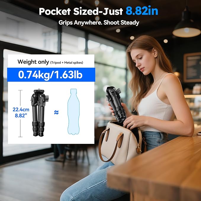 SIRUI AM-223LS Carbon Fiber Mini Tripod, Bowl Base, ±15° Tilt | 33LB Load, 1.63LB Weight, 8.82" Folded, 360° Pan, Camera, Phone, Vlogging, Compact Travel - Image 4