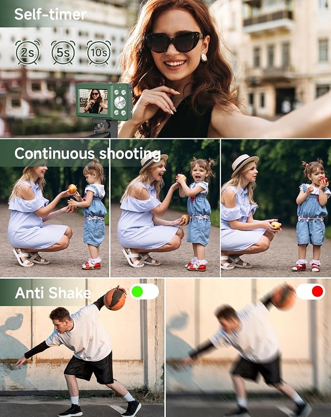 Digital Camera for Kids, FHD 1080P 44MP Point and Shoot Digital Camera with Face Detect, Smile Capture, 16X Zoom, 20 Filters, Anti Shake, 32GB SD Card Green Compact Vintage Camera - Image 4