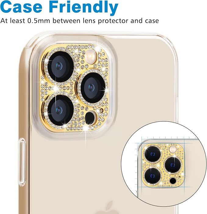 Compatible with iPhone 12 Pro Max Camera Lens Protector, Bling 3D Rhinestone Diamond Lens Cover 9H Tempered Glass Camera Cover Anti Scratch Shockproof Lens Screen Full Protective Cover - Gold - Image 4