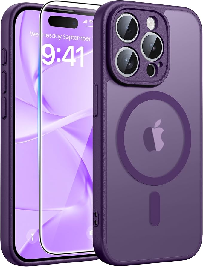 FNTCASE for iPhone 15 Pro Max Case, Fit for Magsafe, Glass Screen Protector | Full Camera Protection, Translucent Matte, 14FT Military Grade Drop Proof, Shockproof Protective Phone Cover, Purple by FNTCASE