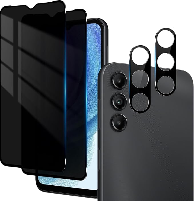 Samsung Galaxy A15 Privacy Screen Protector & Camera Lens Protector | 2+2 Pack, Fingerprint Unlock, 9H Tempered Glass Film, Anti Spy, Fit Lens Cutouts, Case Friendly, Anti-Scratch, Easy install by RXNMH