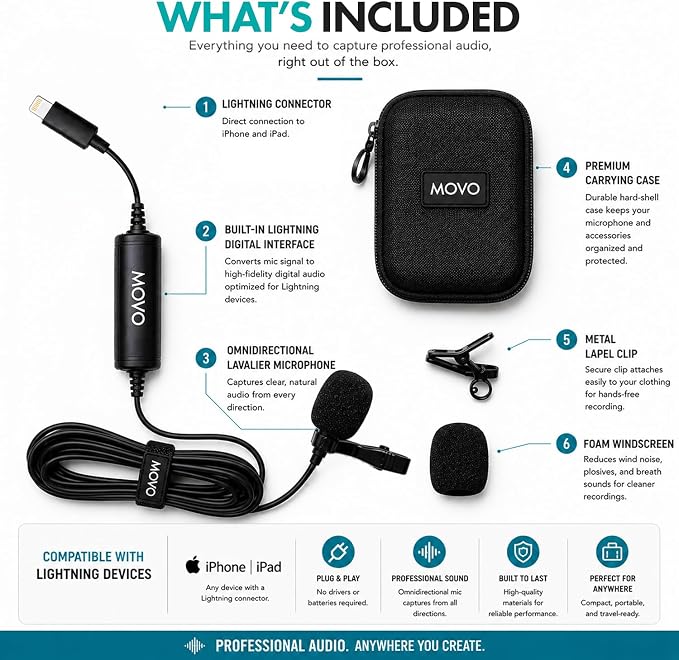 Movo LV1-DI Lavalier Microphone for iPhone & iPad – MFi Certified Lightning Clip-On Mic – 20ft Cable – for YouTube, TikTok, Podcasts, Interviews & Vlogging - Image 8