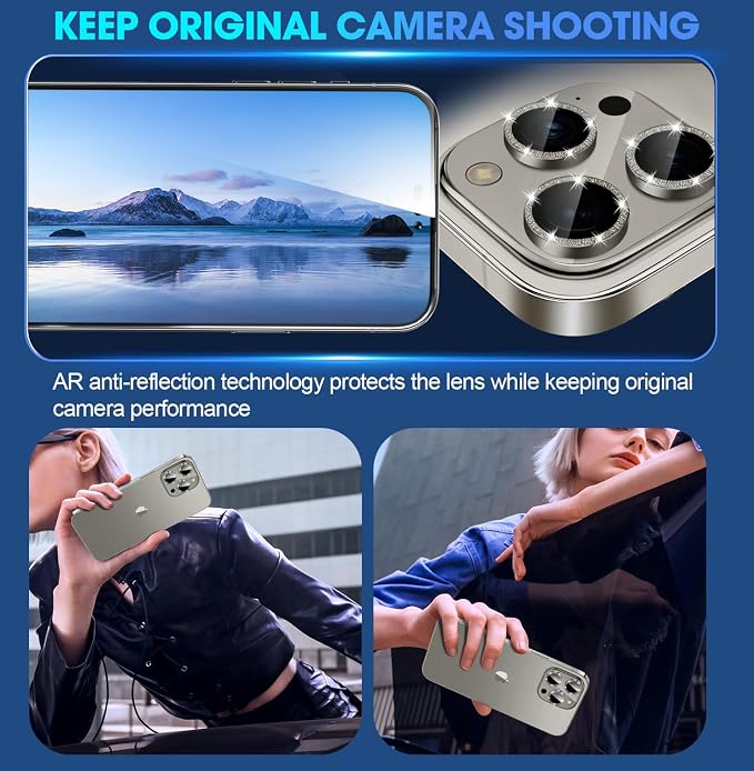 for iPhone 15 Pro/15 Pro Max Camera Lens Protector Glitter, Gray | Individual Metal, 9H Hardness, Scratch Resistant, Shockproof, Drop Protection, Case Friendly, Stylish Accessories - Image 4