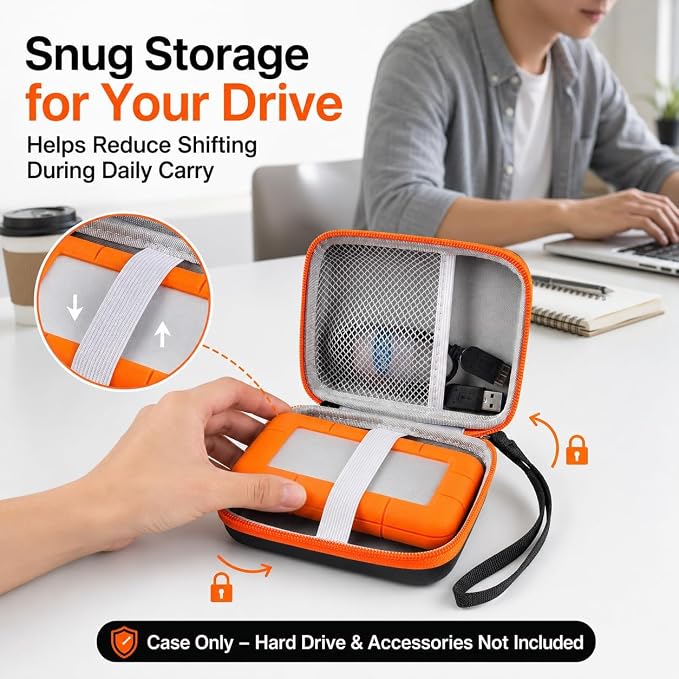 ALKOO Case for LaCie Rugged Mini 1TB/2TB/4TB/5TB External Hard Drive | Portable HDD Holder, Cable Pocket, SD Card Storage, for Photographers, Creators, Students, Office, Travel, Case Only, Orange - Image 4