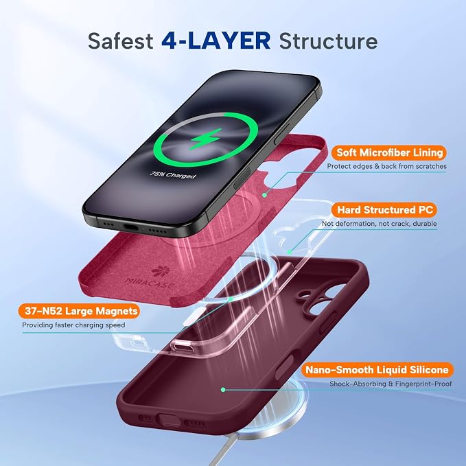 miracase Magnetic for iPhone 16 Plus Case, [Soft Anti-Scratch Microfiber Lining], Compatible with MagSafe, Liquid Silicone Shockproof Drop Protection Phone Case for 16 Plus,Wine Red - Image 5