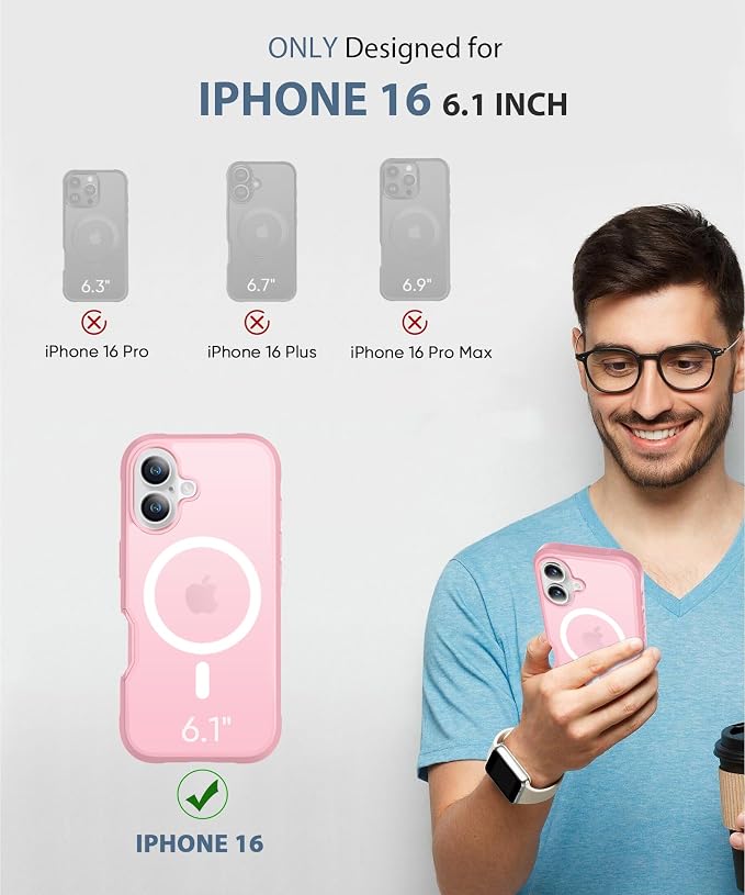 Magnetic for iPhone 16 Case Built-in Screen Protector, Pink | with Camera Lens Protector, [Compatible with MagSafe] Full Body Phone Case, Protective Cover for iPhone 16 6.1" - Image 2