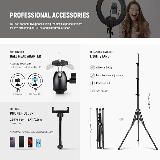 NEEWER 18 Inch Edge Lit Ring Light with Tripod Stand Phone Holder Compatible with iPhone for Video Recording Selfie Makeup Studio Streaming, 45W 2900-7000K APP 2.4G Control Ringlight Lighting, RL45B | Compatible with iPhone, Video Recording Selfie Make... - Image 7