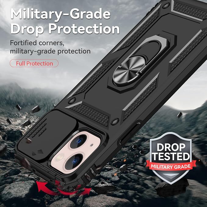 HNHYGETE for iPhone 13 Case with HD Screen Protector: [Military Grade 20ft. Drop Tested] Slide Camera Cover Ring Shockproof Protective Phone Case for - iPhone 13 (Black) - Image 3