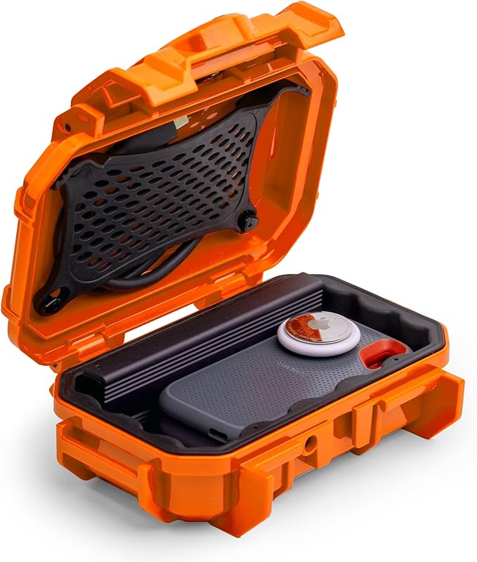 Evergreen Dry Box Tech Organizer – For Camera, Cables, Hard Drives, Memory Cards, Keys, Compatible with GoPro, Airtags (Small, Rubber Boot, Orange) by EvergreenCases