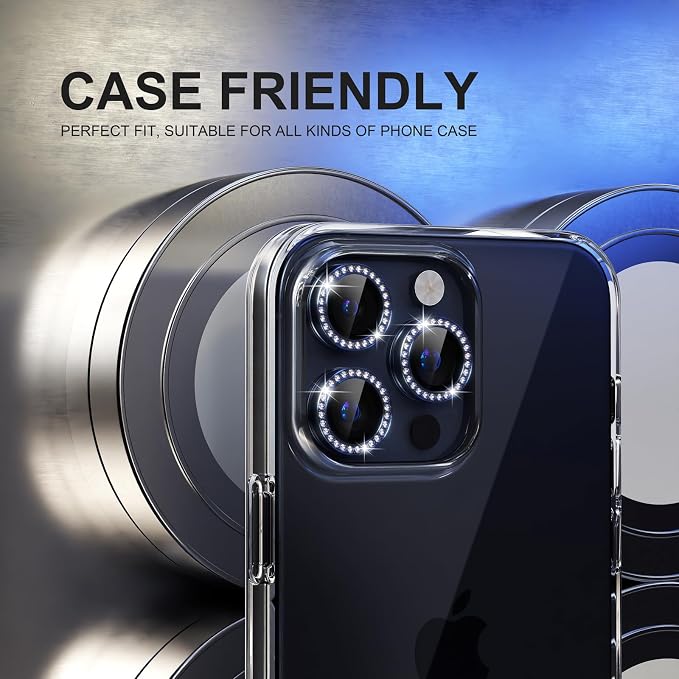 Choiche for iPhone 15 Pro/iPhone 15 Pro Max Camera Lens Protector | Ultra HD, Bling 9H Tempered Glass Camera Cover Screen Protector Metal Ring Decoration Accessories (Diamond-Blue) - Image 4