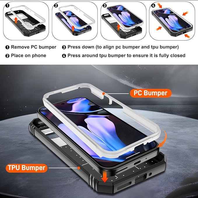Gritup for Pixel 9/9 Pro Case Military-Grade Shockproof with Kickstand | with 2 PCS Screen Protector, Slide Camera Cover, Heavy Duty Outdoor Protection Funda para Google 9/9 Pro Cover White+Black - Image 4