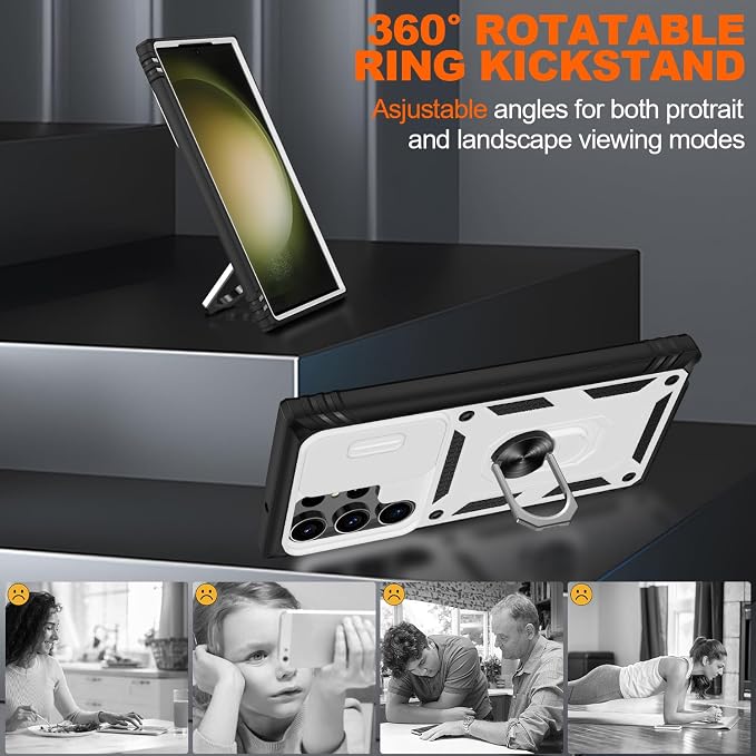 Gritup for Samsung Galaxy S23 Ultra Case with 2PCS Screen Protector, Build in 360° Rotating Ring Kickstand, Military Grade Protective Case for S23 Ultra Phone, White+Black - Image 8