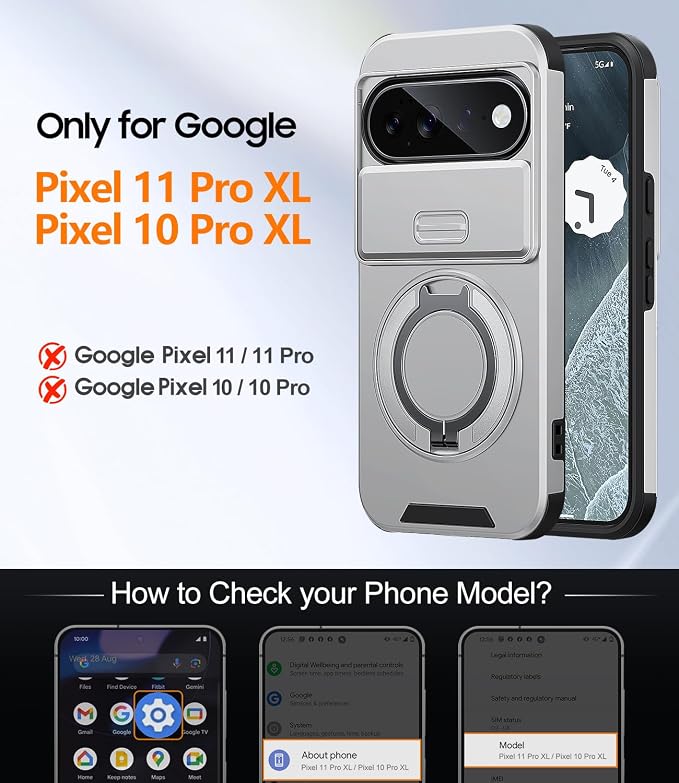 JAME for Google Pixel 10 Pro XL/11 Pro XL Case, Stand & Slide Camera Cover | Ring Holder Kickstand, Screen Protectors, Dual-Layer Shockproof Protective, Magnetic Accessory Friendly Phone Case, Silver - Image 2