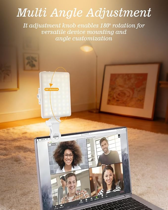 60 LED Portable Selfie Light Video Conference Lighting with Clip & Camera Tripod Adapter Rechargeable 2000mAh CRI 97+, 3 Light Modes for Phone iPhone Webcam Laptop Photo Makeup (Pure White) - Image 6