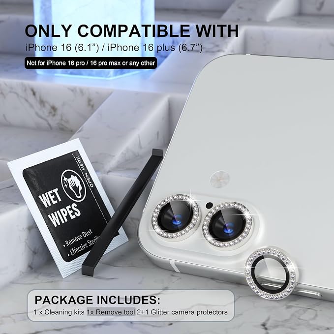 Choiche for iPhone 16/16 Plus Camera Lens Protector Bling, Diamond-Silver | Ultra HD, 9H Tempered Glass Camera Cover Screen Protector Metal Individual Ring Decoration Accessories, 2-Lens, 6.1/6.7-inch - Image 2
