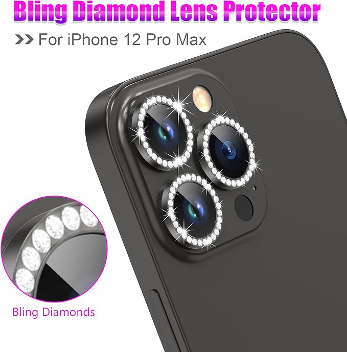 AGVEE 3+3 6 Pack for iPhone 12 Pro Max Camera Lens Protector Cover | Individual Bling Diamond & Bling Glitter Sparkle Cute Gem Metal Ring, 9H Tempered HD Glass - Image 4
