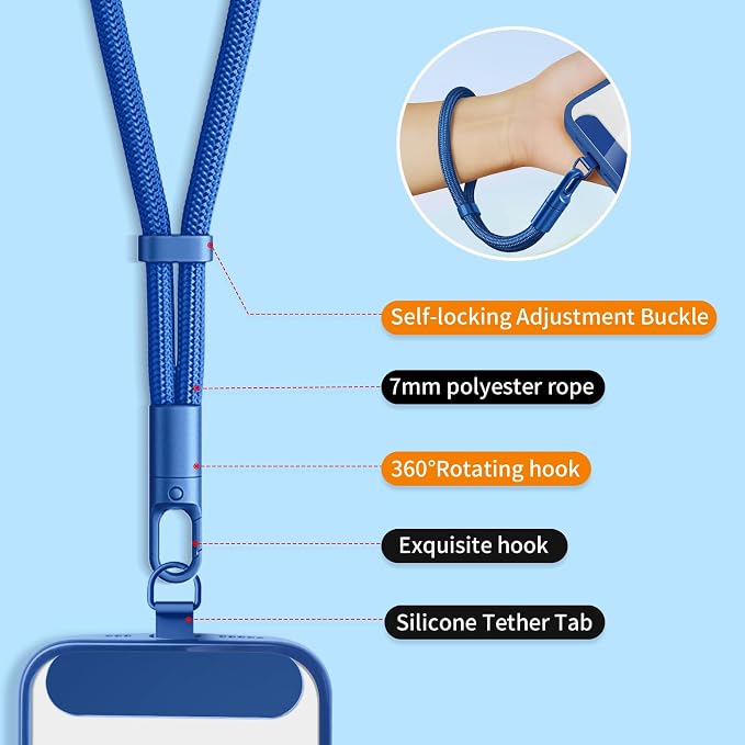 Phone Wrist Strap Lanyard Hand Universal Adjustable Phone Finger Grip Wristlet with 3 Patches Tether Anti Theft for iPhone 16 Pro Max 15 14 Charms for Keychain USB Flash Drive Wallet ID Name Tag Blue - Image 4