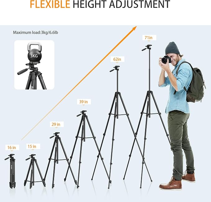 71″ Camera Tripod Aluminum Tall Tripod Stand for Canon Nikon Phone | with Wireless Remote Phone Holder and Travel Bag Max Load 6.6 LB - Image 7