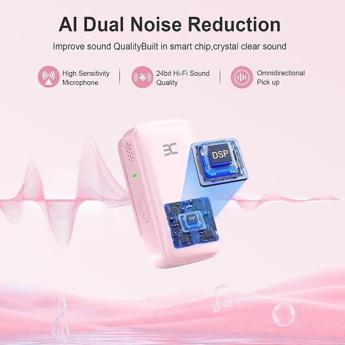 EX Wireless Lavalier Microphone System, Dual Clip-On Mics + Charging Case, 164ft Range Plug-and-Play for iPhone/Android, Advanced Noise Reduction, 48H Runtime-Video Recording, TikTok, YouTube, Pink - Image 2
