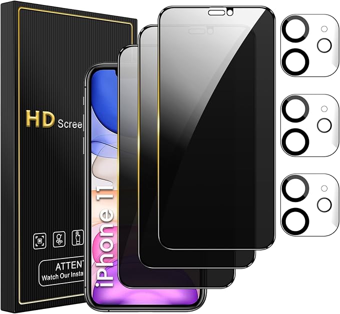 Romkasi 3 Pack Privacy Screen Protector for iPhone 11 6.1 Inch with 3 Pack Camera Lens Protector, Anti Spy Tempered Glass Film, Anti-Scratch, Touch Sensitive, Case Friendly by Unknown