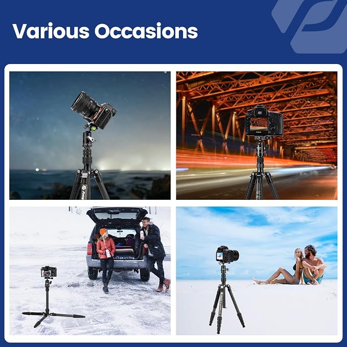 Fotopro 60" Carbon Fiber Travel Tripod for Camera, 2.0lb Ultra-Light, Flexible Center Axis, 360° Pan/Tilt Ball, Arca QR Plate, Max Load 13.6lb - Image 4