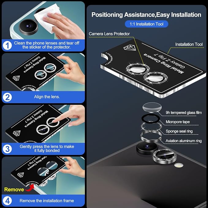 for Samsung Galaxy Z Flip 7 Camera Lens Protector, Individual Metal Ring Tempered Glass Lens Cover, [Strong Adsorption] Scratch Resistant Ultra-Thin HD Clear Lens Cover, 1 Set-Black Sparkly - Image 6