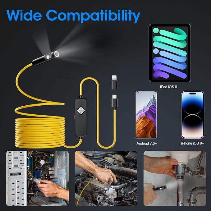 Endoscope with Light, 1920P HD Borescope with 8 Adjustable LED Lights, Semi-Rigid Snake Camera, IP67 Waterproof Inspection Tool (16.4ft, Yellow Harness + Dual Lens) - Image 6