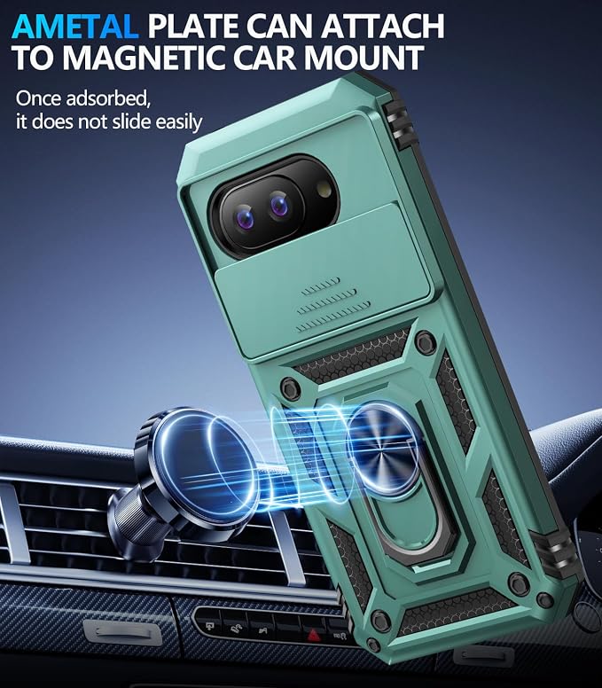 Taisairu for Google Pixel 10A Case with Screen Protector & Slide Camera Lens Cover,Built-in 360°Rotate Magnetic Ring Stand Shockproof Protective Phone Case for Google Pixel 10A Case (Green) - Image 5