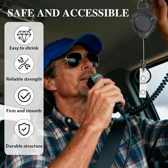 2 Pcs CB Mic Holder Retractable, Heavy Duty Retractable Mic Holder with 32" Stainless Steel Cord, Woven Lanyard and D-Ring Mount - Image 5