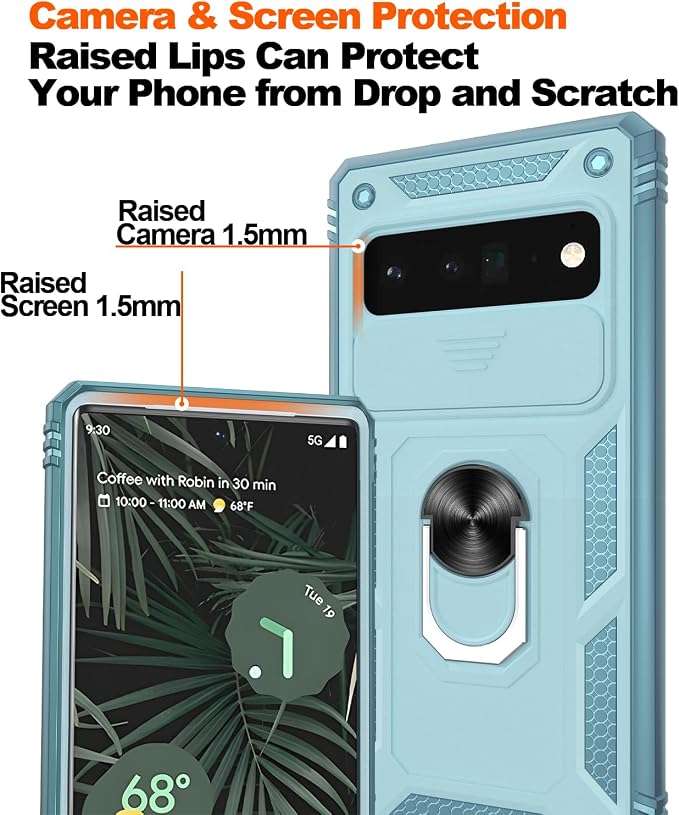 for Google Pixel 6 Pro Case with Slide Camera Cover & Screen Protector (2 PCS), Pixel 6 Pro Case Build in 360° Rotating Ring Kickstand, Military Grade Protective Case for Google 6 Pro Case, Green - Image 5