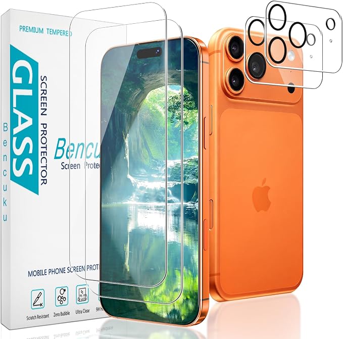 2+2 Pack Screen Protector for iPhone 17 Pro 6.3 Inch Tempered Glass | with Camera Lens Protector, 9H Hardness, Anti Scratch, Bubble Free by Bencuku