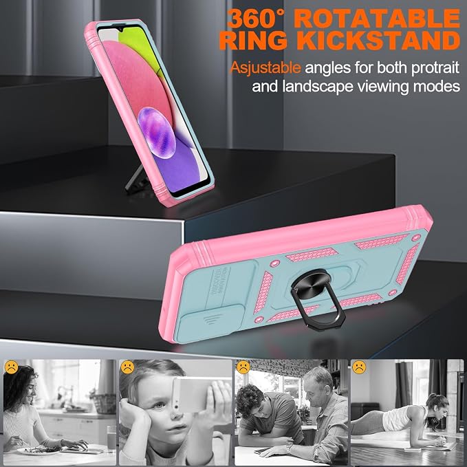 Gritup for Galaxy A03S Phone Case Military-Grade Shockproof with Kickstand | with 2 PCS Screen Protector, Slide Camera Cover, Heavy Duty Outdoor Protection Funda para Galaxy A03s Cover-Green+Pink - Image 7