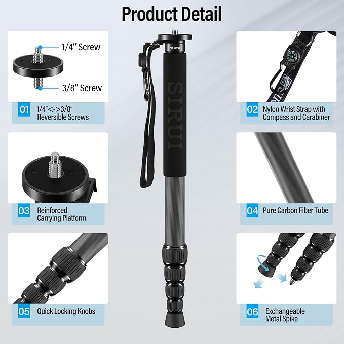 SIRUI Carbon Fiber Monopod for cameras, 65" Compact Lightweight Travel Monopod, 6 Sections, Load up 15kg, included Phone Holder (AM-MDP01) - Image 7