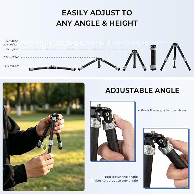 LEOFOTO Carbon Fiber Small Tabletop Travel Tripod, Weight 160g/0.35lb, Maxload 5kg/11lb, Lightweight Tripod Stand, 1/4" Inch Screw, for Camera/Phone Holder/Projector, MT-02C Long Version (MT-02CL) - Image 5