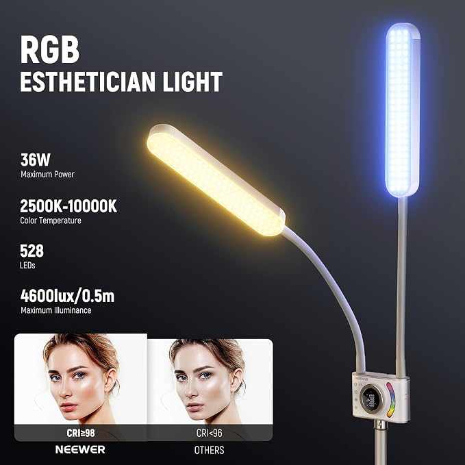 NEEWER RGB Esthetician Light Kit Upgraded with Phone APP Control/Touch Bar, Separate Control Dual Arm LED Video Light w Phone Holder/Stand/Travel Bag, 2500K-10000K 18 Scenes for Tattoo Lash, BH40C - Image 2