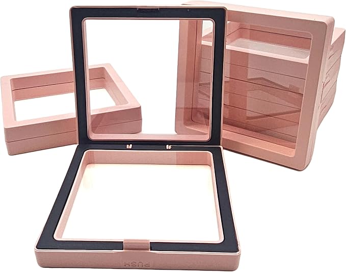 12 PCS Dual-Color Packaging Box 3D Floating Frame Display Stand, Color-Matching Packaging Display Box, Transparent Window Jewelry Case, PE Film Anti-Oxidation Storage Case. (Pink+Black) - Image 2