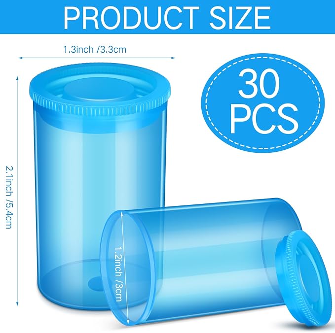 30 Pack Plastic Film Canisters Holder with Lids 35mm Empty Camera Reel Containers Blue Small Storage Bottles for Pills Beads Coins Vitamins Art Supplies Science Experiments Classroom Craft Projects - Image 2