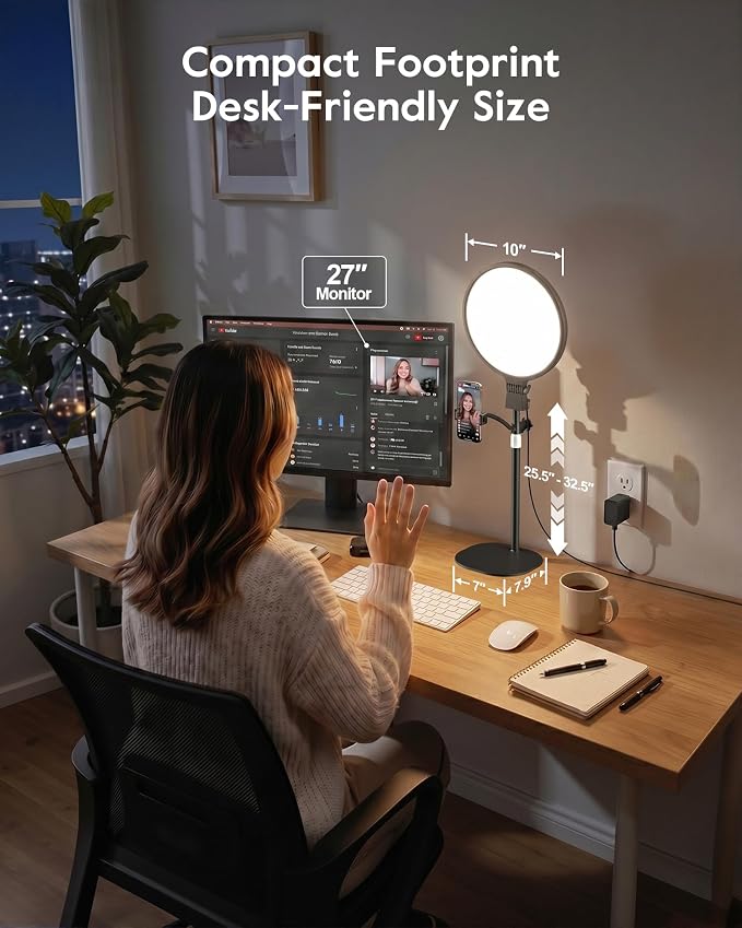 1300 Lumens Ring Light with Stand for Desk, Computer & Laptop – Podcast & Streaming Light with Flexible Phone Holder, CRI 98+ Bright Yet Soft Influencer Light for Video Recording, Conference & Calls - Image 7