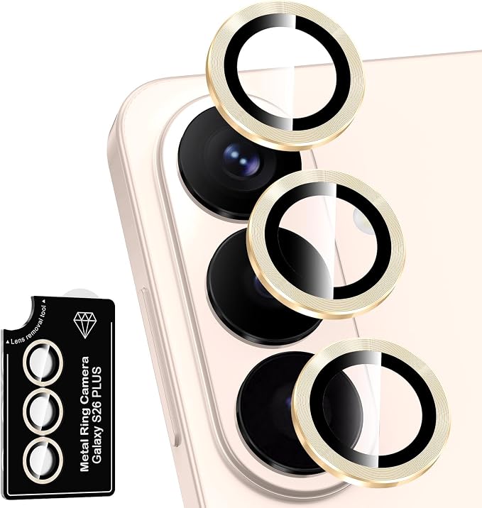 for Samsung Galaxy S26 Plus Camera Lens Protector, Individual Metal Ring Tempered Glass Lens Cover, [Strong Adsorption] Scratch Resistant Ultra-Thin HD Clear Lens Cover, 1 Set-Gold by Btscase