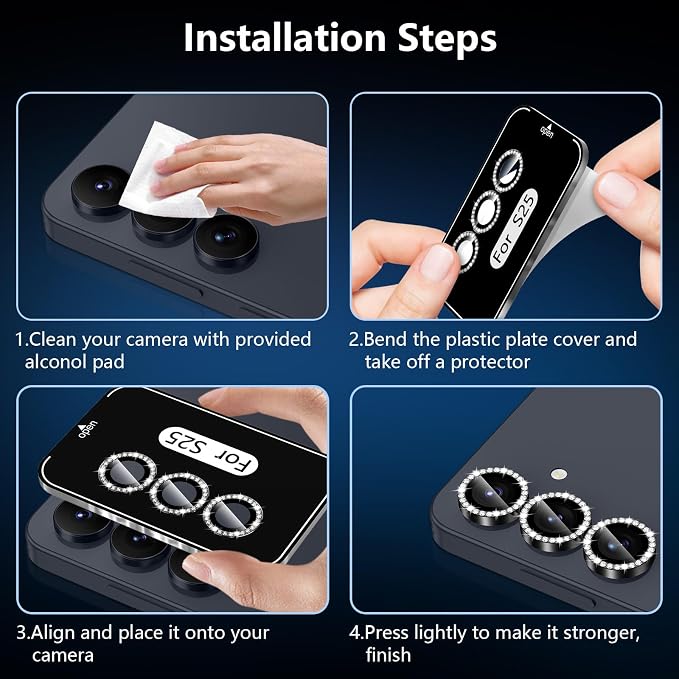 for Samsung Galaxy S25 Camera Lens Protector, Individual Metal Ring Tempered Glass Lens Cover, [Strong Adsorption] Scratch Resistant Ultra-Thin HD Clear Lens Cover, 1 Set-Black Diamond - Image 6