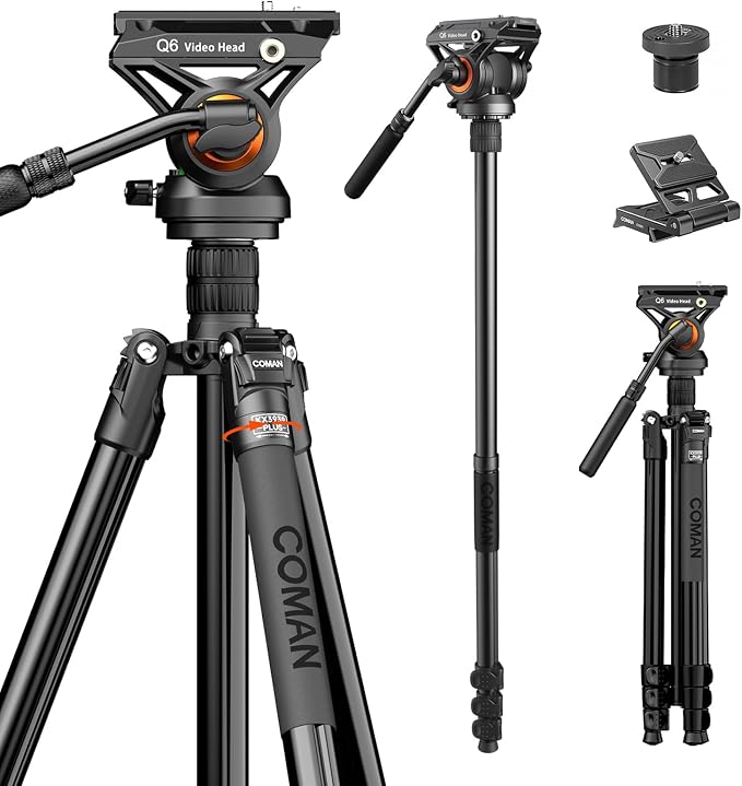 Fluid Head Tripod for DSLR Camcorder,Camera Monopod Tripod 360° Pan&+90°/-70° Tilt,New Q6 Fluid Head Aluminum Alloy QR Plate Compatible with DJI RS Gimbal Manfrotto Max Load 17.6lb (KX3939Plus by COMAN