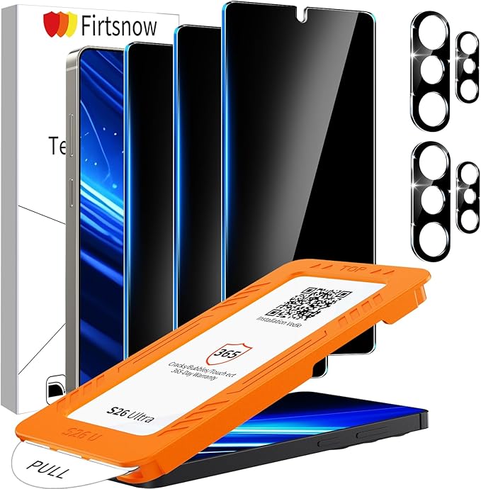 3 Pack Privacy Screen Protector for Samsung Galaxy S26 Ultra Tempered Glass + 2 Pack Camera Lens Protector, True 25°Anti Spy, Military Grade Shatterproof, 9H+ Hardness, Auto Alignment Frame 6.9" by Unknown