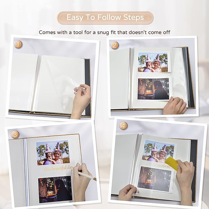 Popotop Large Photo Album Self Adhesive 4x6 5x7 8x10 Scrapbook Album DIY Picture Book,Gifts for Mom,Family Baby and Wedding,with Metal Pen and Plastic Board - Image 4