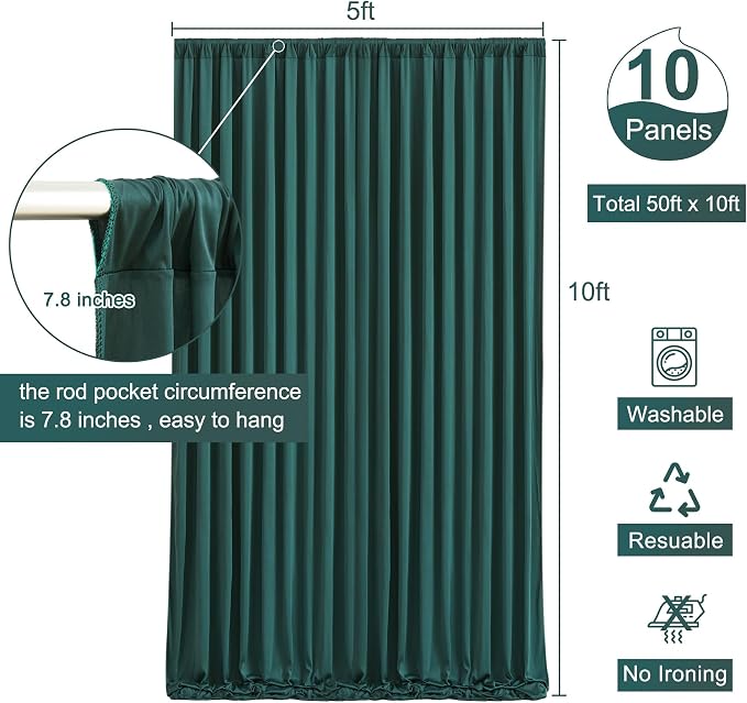 10 Panels Hunter Green Backdrop Curtain for Parties Wrinkle Free Dark Green Photo Curtains Backdrop Drapes Fabric Decoration for Weding Baby Shower Birthday Party Photography 50ft(W) x 10ft(H) - Image 5