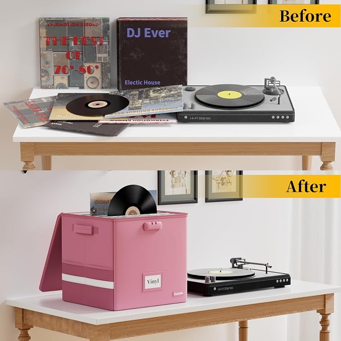 DocSafe Vinyl Record Storage Box with Lock, Fireproof＆Water Resistant Record Organizer for 100+ Single Records(12-inch), Collapsible Storage Crate with Lid&Handles for Valuable Album Collection,Pink - Image 6