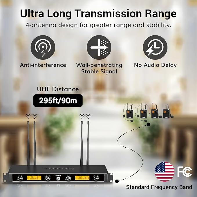 TONOR UHF Wireless Microphones System with Headset/Lavalier Lapel Mics, Bodypack Transmitter, Receiver, 4 * 10 Channels, 90 m/295ft Range for Live Singing Karaoke Church Party DJ, 4 Bodypack Mics - Image 3