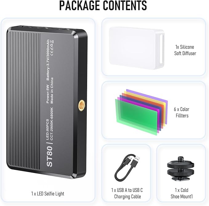 80 LED Video Light, Portable USB Photo Light Dimmable 2500-9000K CRI 95+ 3000mAh Battery with Colored Filters and Clip, Photo Lamp for Phone/iPad/Camera - Image 8