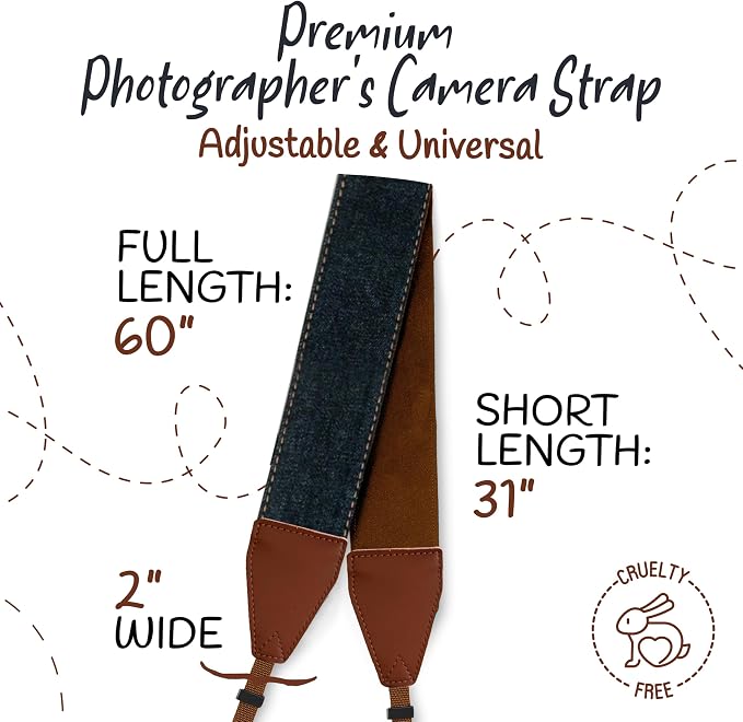 Camera Strap - Shoulder, Crossbody & Neck Camera Strap for Photographers, Fits All Cameras, Canon Nikon Sony Fujifilm, Padded Strap W/ Quick Release, Embroidered Cotton & Leather Ends, Blue Jeans - Image 5