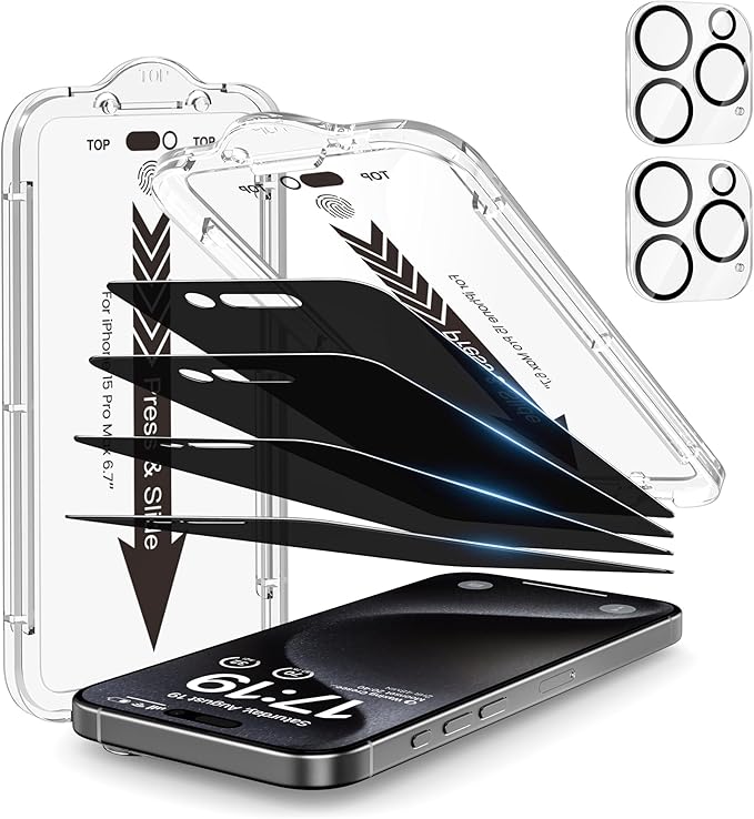 EZ-GLAZ-4+2 Pack for iPhone 15 Pro Max Privacy Screen Protector (6.7") | 2-Pack Lens Protectors, Alignment Kit, Easy Installation, 9H+ Tempered Glass, Scratch Resistant, 28° Privacy Protection by EZ-GLAZ